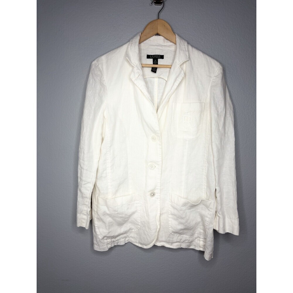 Lauren Ralph Lauren Blazer Jacket Womens 10 White 100% Linen Two Button UNLined